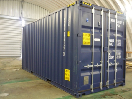 Blue shipping container storage unit