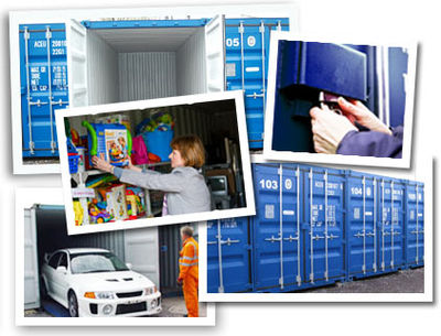 Collage of container storage units, customer access and vehicle storage