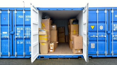 Open container storage unit filled with boxes