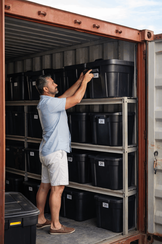 Customer stacking crates on shelving inside a storage container